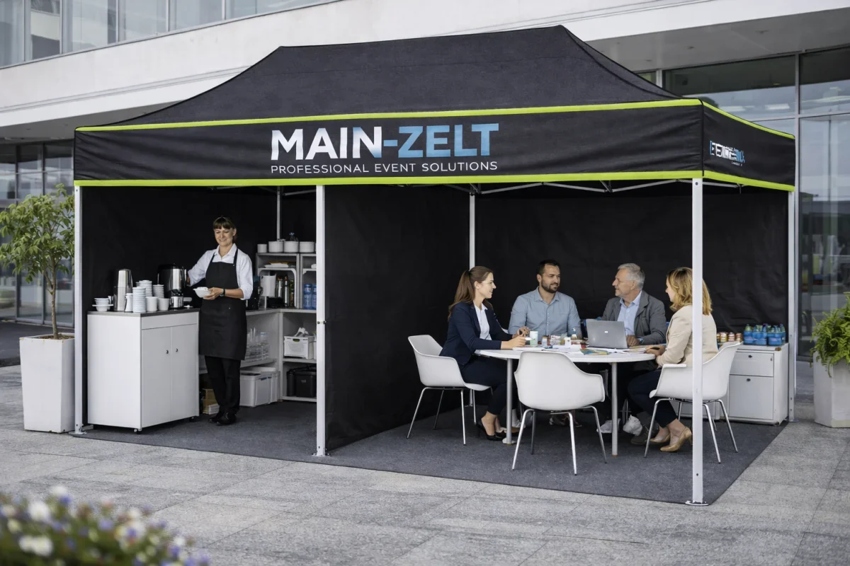 Faltpavillon als Baustellen-Lagerraum mit Dach, Seitenwand, Arbeitszone, Eckstütze und Standpunkten