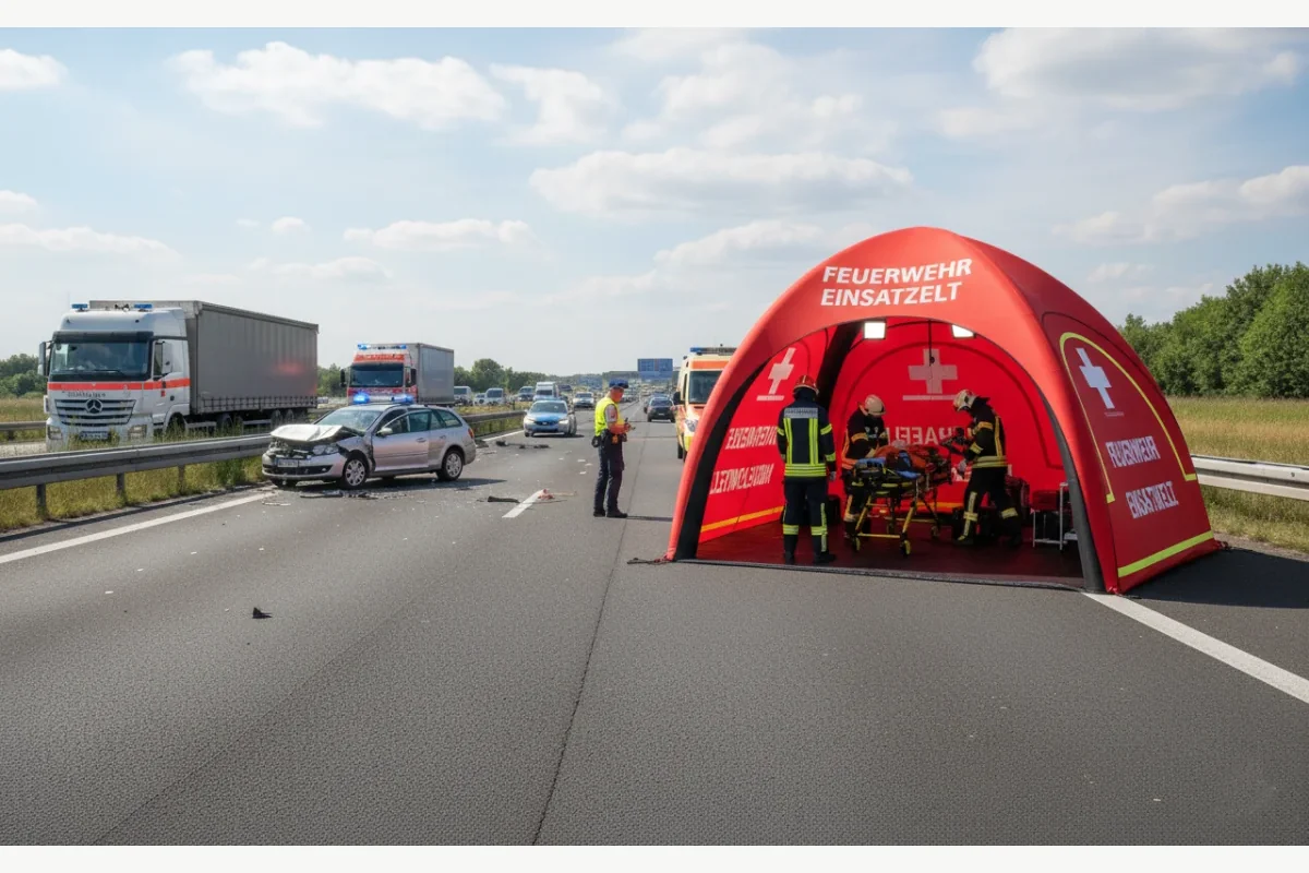 Feuerwehr-Einsatzzelt mit Kennzeichnung, Reflexstreifen, Dachhaut, Einsatzraum und Verankerung