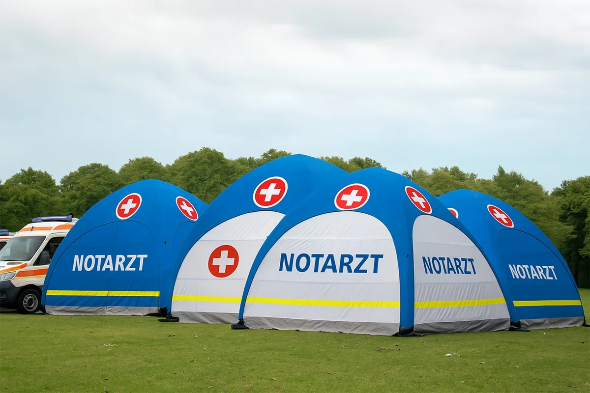 Notarzt-Schnelleinsatzzelte mit Luftkammern, Dachhaut, Eingang, Reflexstreifen und Abspannung