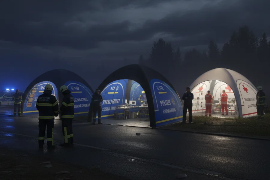Mehrere beleuchtete BOS-Einsatzzelte bei einer nächtlichen Lage mit Polizei, Feuerwehr und Rettungsdienst