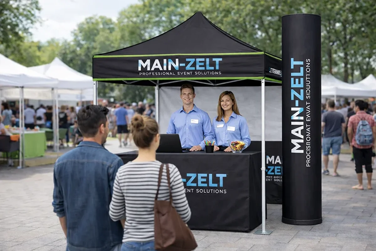 Faltpavillon als Check-in-Stand mit Dach, Volant, Theke, Standbeinen und Werbesäule