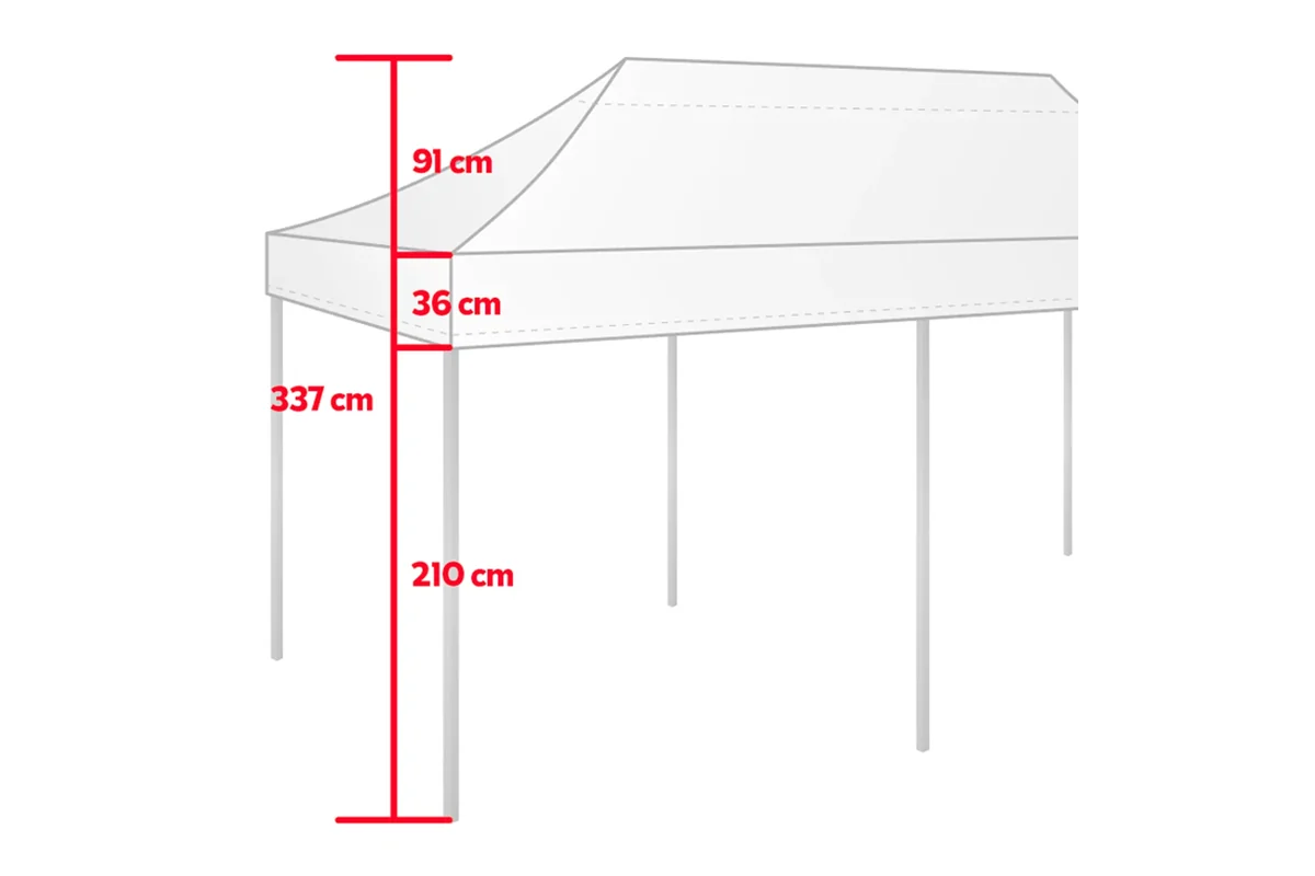 Maßzeichnung eines Faltzelts 3 x 6 m mit Dachfläche, Volant, Mittelstandbein und Fußpunkten