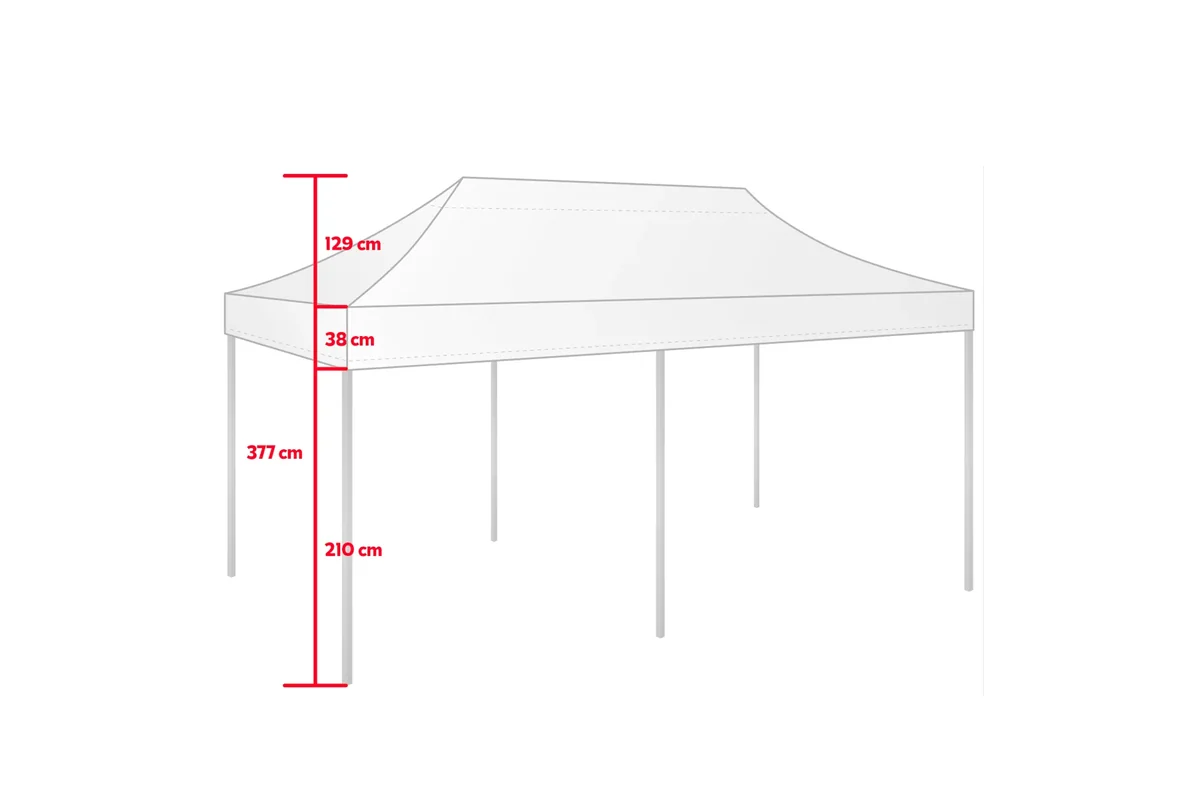 Maßzeichnung eines Faltzelts 4 x 8 m mit Dachfläche, Volant, Mittelstützen und Standbeinreihe
