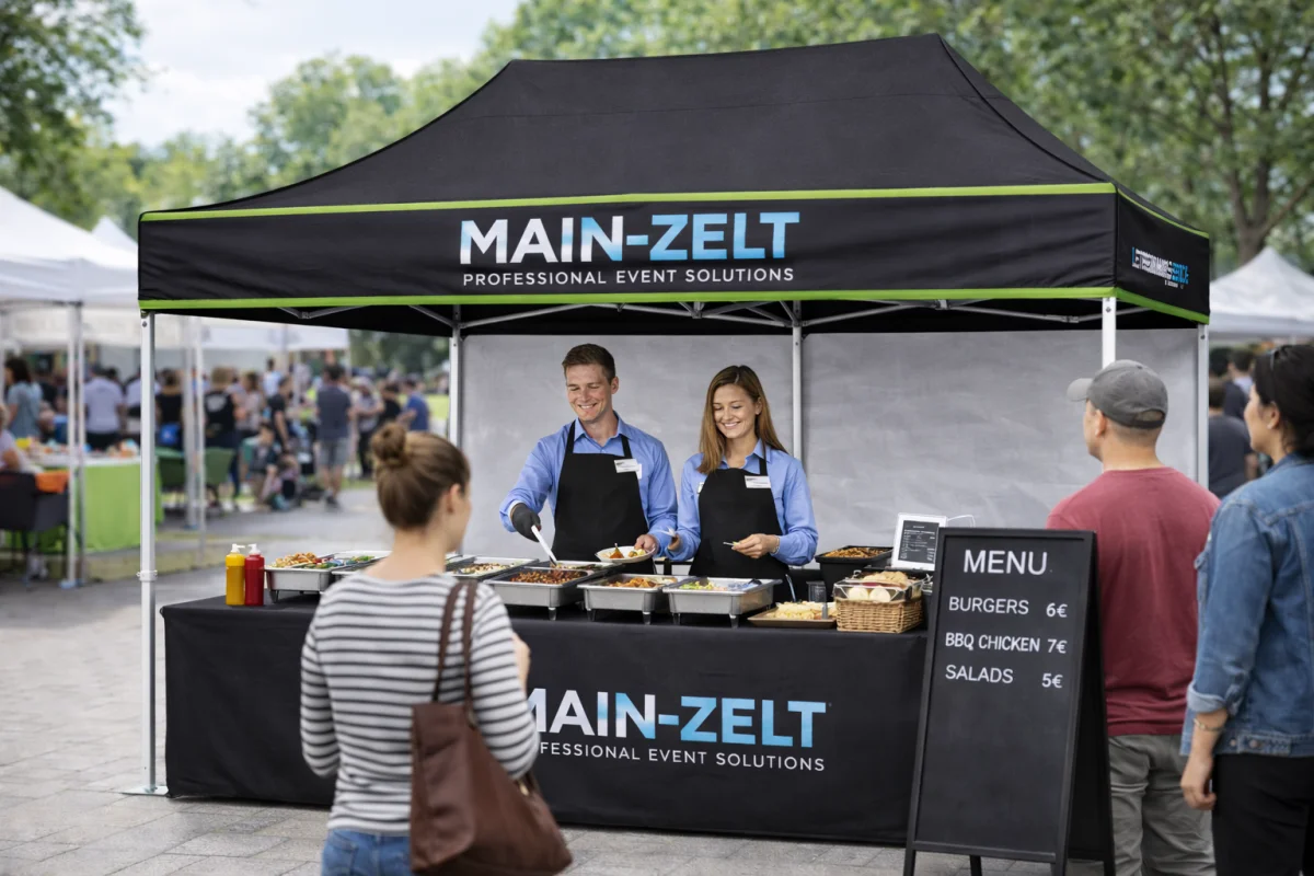 Bedrucktes Festival-Faltzelt als Cateringstand mit Theke, Volant und Publikumsbereich