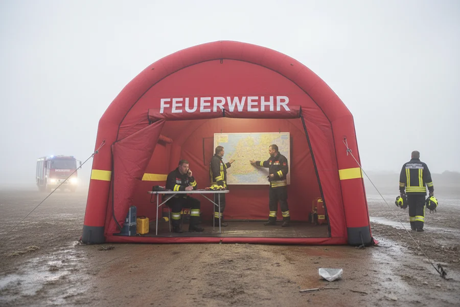 Rotes Feuerwehr-Einsatzzelt mit Reflexstreifen, Sondersignet, Innenlicht und Abspannung an einer Einsatzstelle