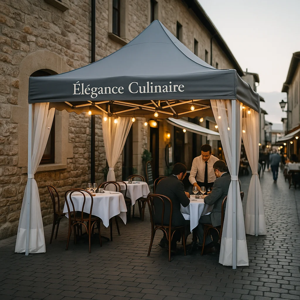 Anthrazitfarbener Gastronomie-Pavillon mit Vorhängen, Beleuchtung und gedeckten Tischen