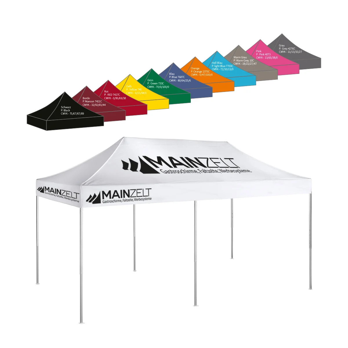 Bedrucktes Marktzelt 3 x 6 m mit PVC-Dach, Volantdruck und Aluminiumgestell