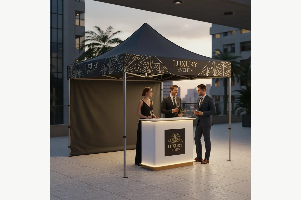 Messezelt als Infostand mit Dachfläche, Volantdruck, Rückwand, Thekenfront und Standbein
