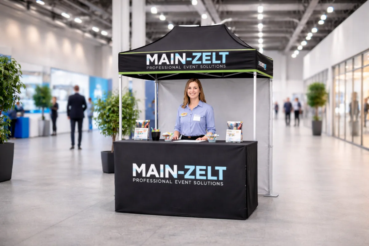 Bedrucktes Messezelt als Info-Stand mit Volantdruck, Rückwand und Thekenfront