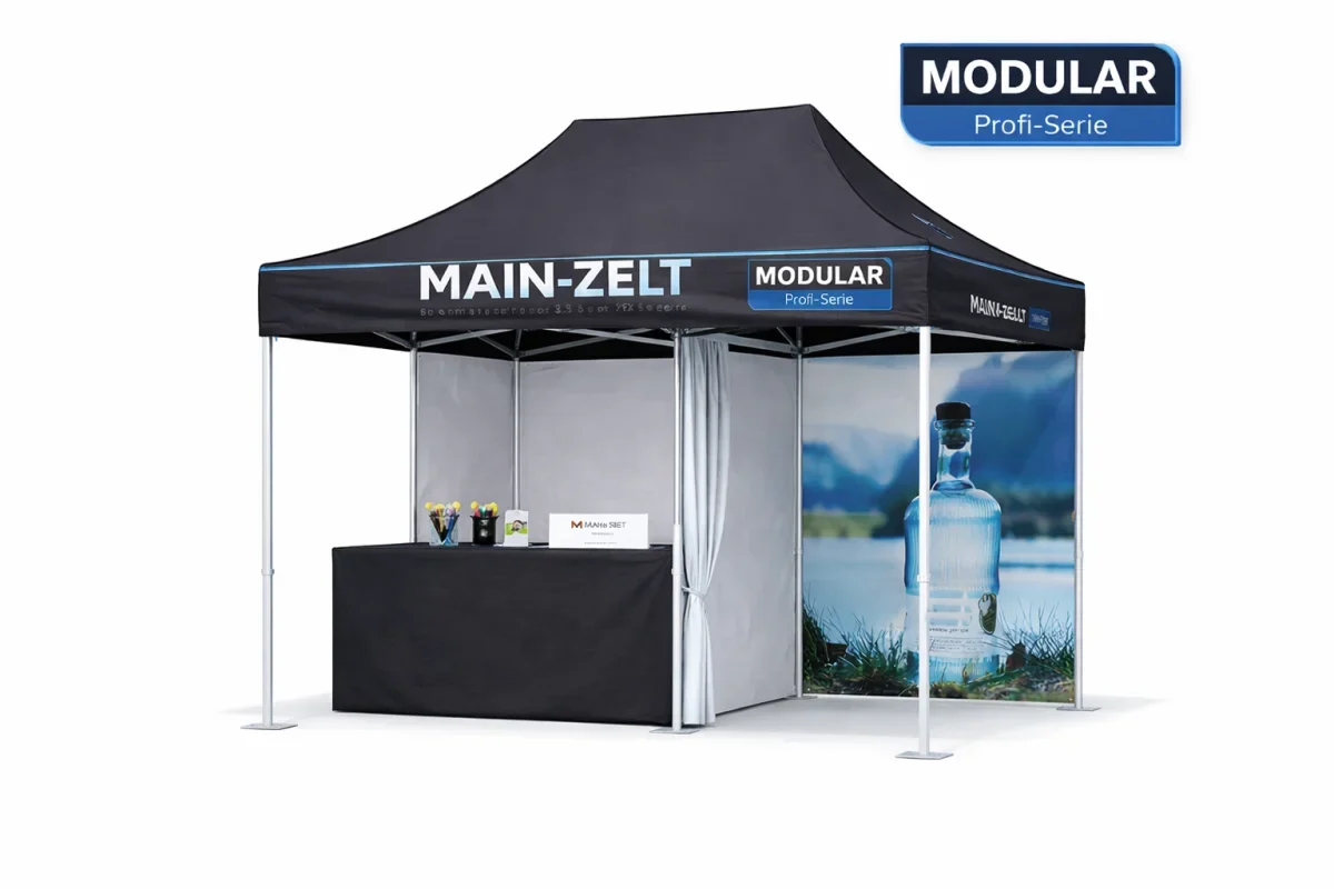 Modular Faltpavillon mit bedruckter Seitenwand, Theke, Standbeinen und Dachvolant
