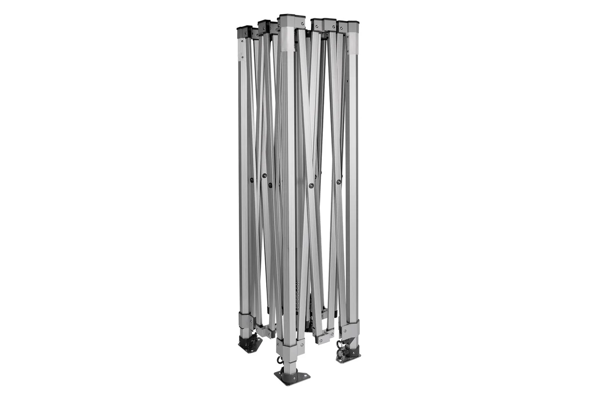 Gefaltetes Premium-Hex57-Gestell mit Hexagonprofil, Aluminium-Verbindern, Scherenstreben, Zentralmast und Standfüßen