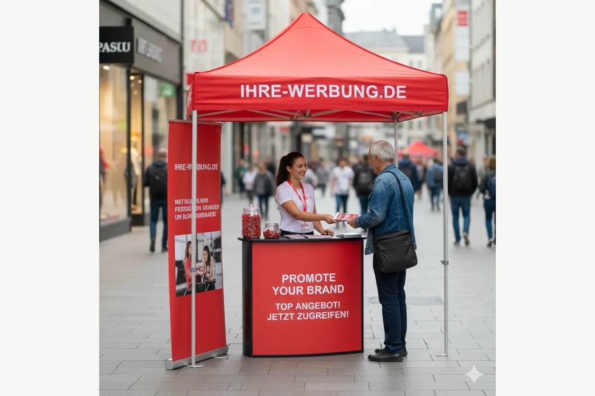 Kompaktes Promotionzelt mit Dachdruck, Volantfläche, Seitenwerbung, Aktionsfläche und Standbein