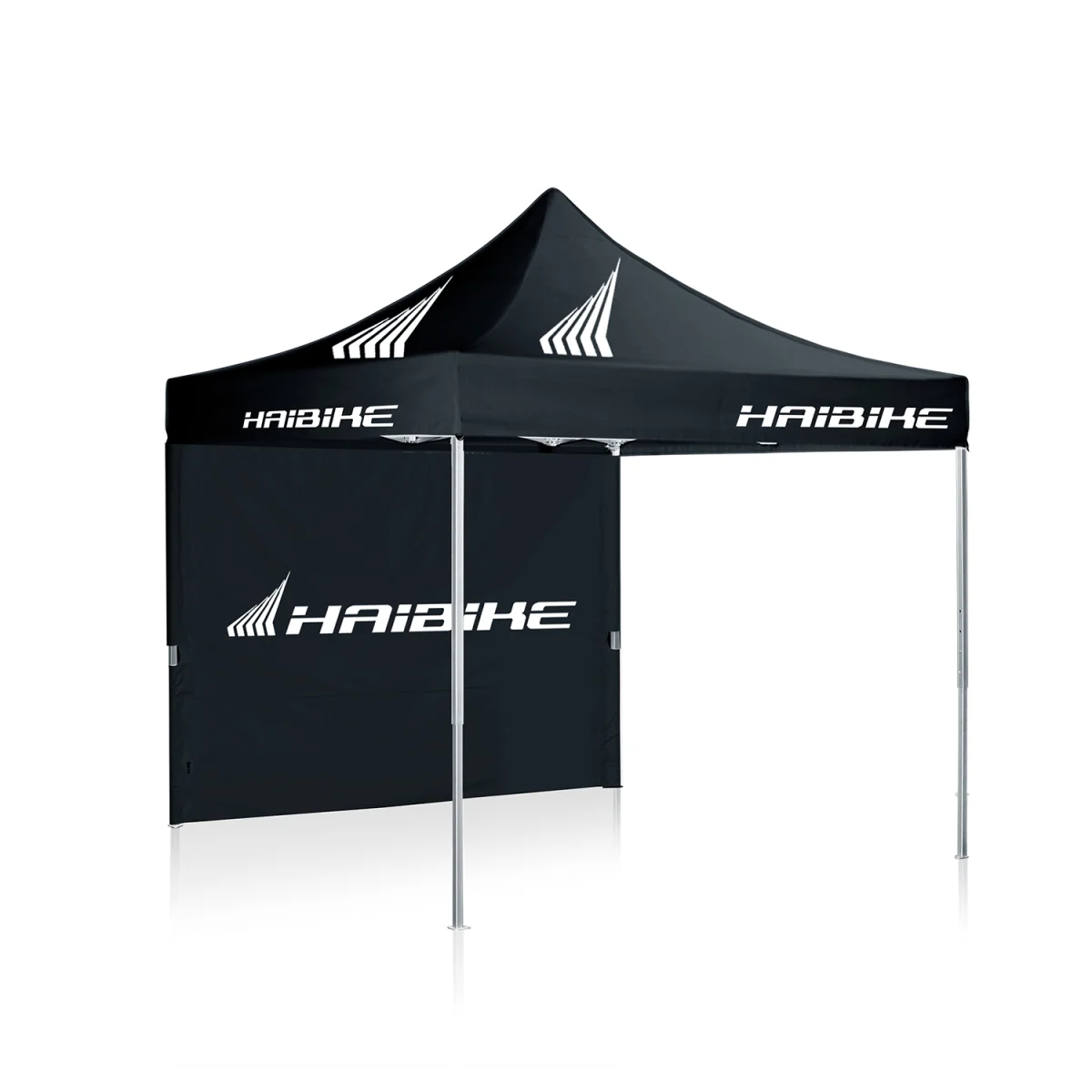 Schwarzes Racing-Faltzelt mit Markenbranding im Motorsport-Look