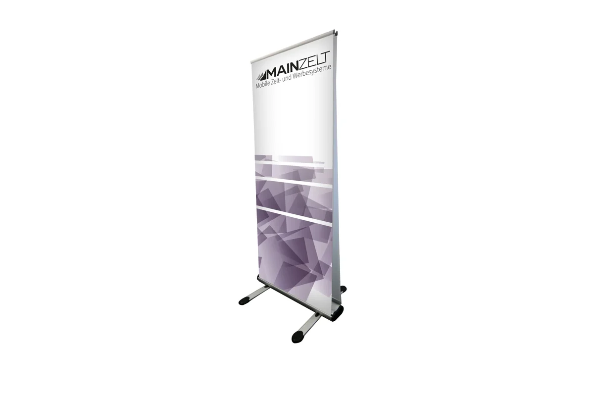 Roll-Up Display in Seitenansicht mit Banner, Klemmschiene, Stützstange, Kassette und Standfüßen