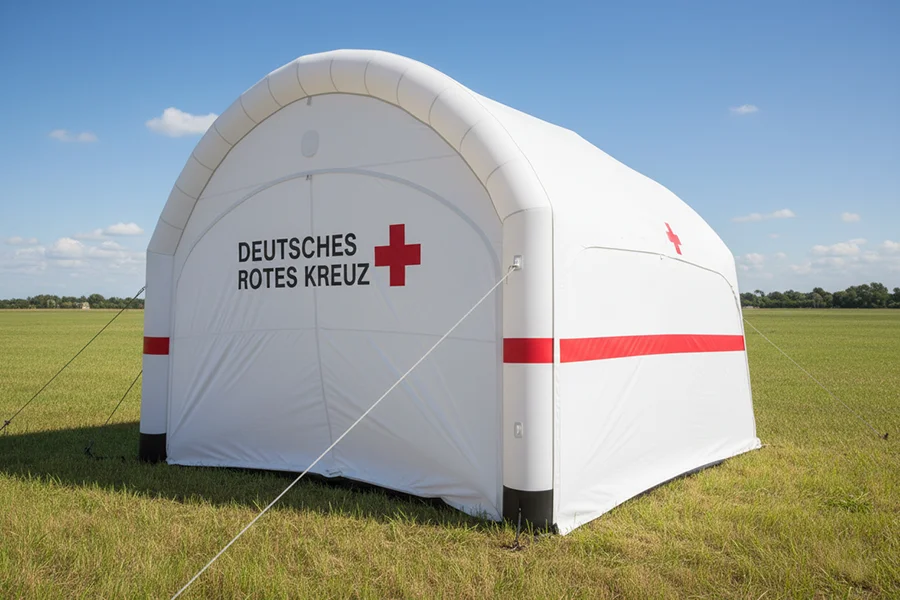 Weißes DRK-Sanitätszelt mit rotem Reflexstreifen und Sturmabspannung auf einer Wiese