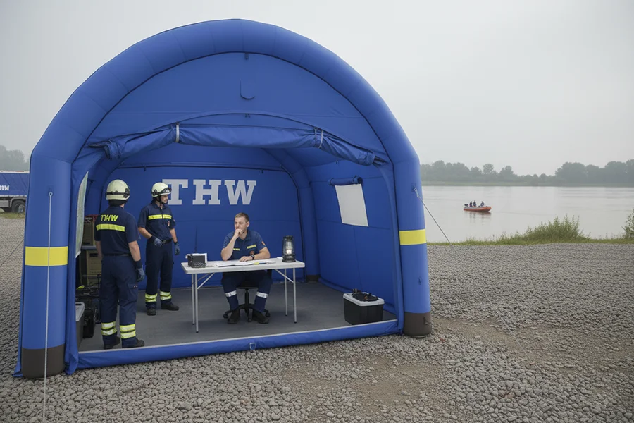 Blaues THW-Einsatzzelt mit offener Front, THW-Kennzeichnung und Lagebesprechung am Wasser