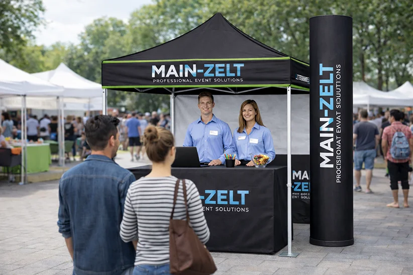 Bedrucktes Check-in-Faltzelt für Verein, Stadtfest und Veranstaltung mit Theke und Werbesäule