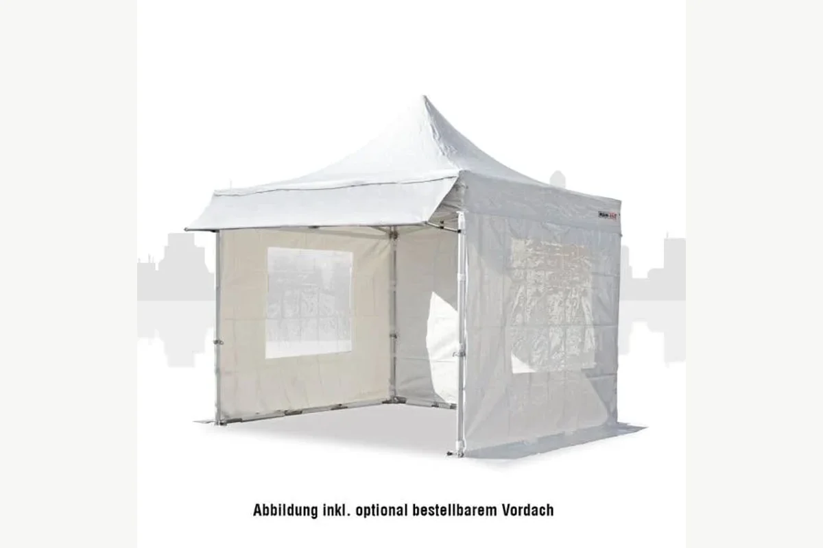 Verkaufszelt als Marktstand mit Dach, Kundentheke, Gestell, Seitenwand und Sicherung